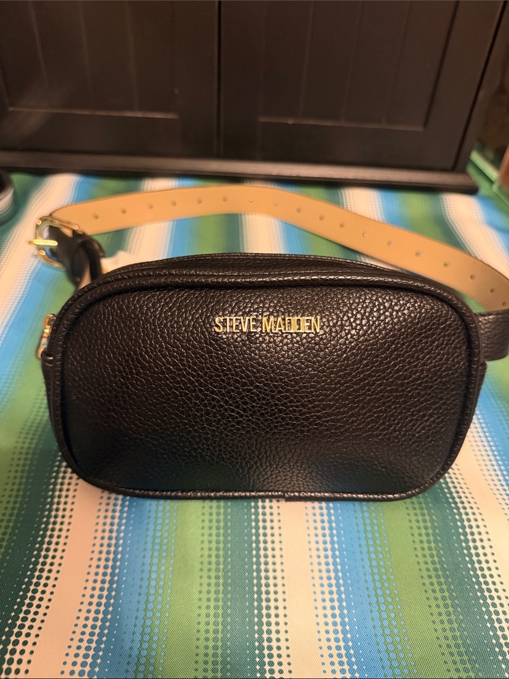 Steve Madden Black Pebbled Leather Belt Bag with black Strap